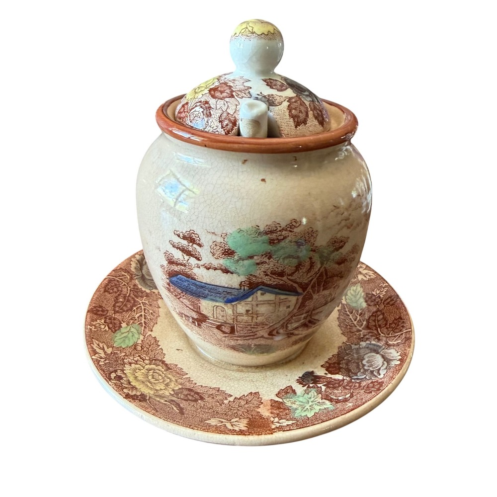 Vintage Nasco Mountain Woodland Jam Jar Honey Pot with Saucer and Spoon Japan